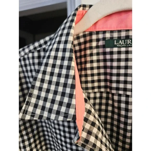 Lauren Ralph Lauren Womens 2X Gingham Button Down Shirt Black White Pink Trim - Picture 1 of 6